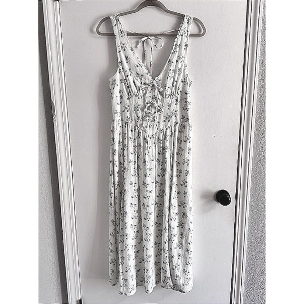 Blue Floral Lace Up Midi Dress White Sleeveless Coquette Cottagecore Feminine L